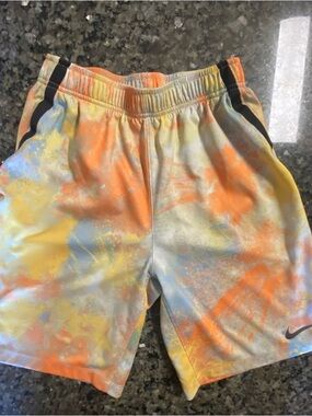 Nike Kids Tie-Dye Shorts in Orange, Yellow & Blue with Black Trim